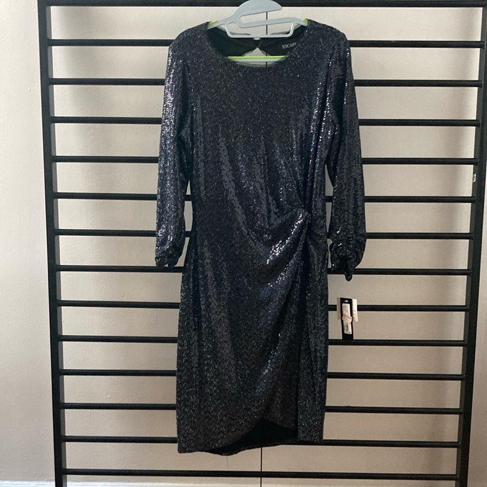Xscape Black Long Sleeve Ruched Cocktail Dress